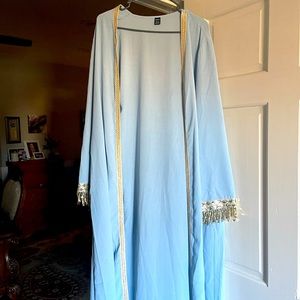 Sky blue open abaya with silver detailings.